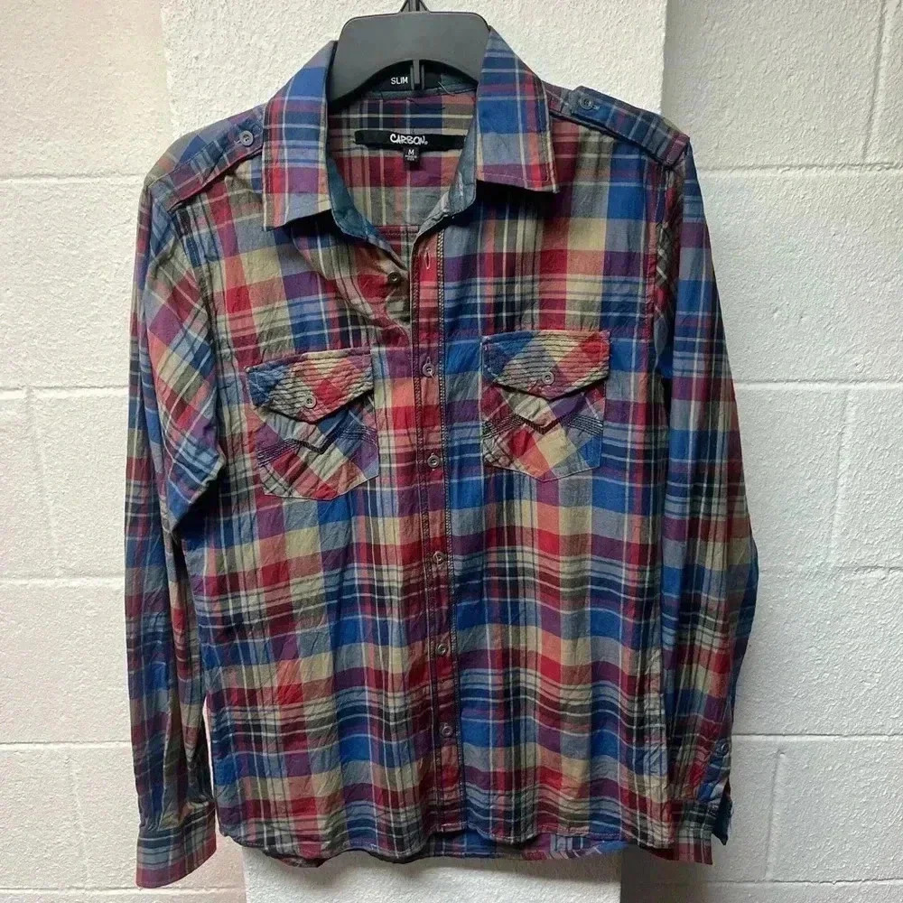 Carbon Men's Plaid Casual Slim Fit Button Shirt Long Sleeve
